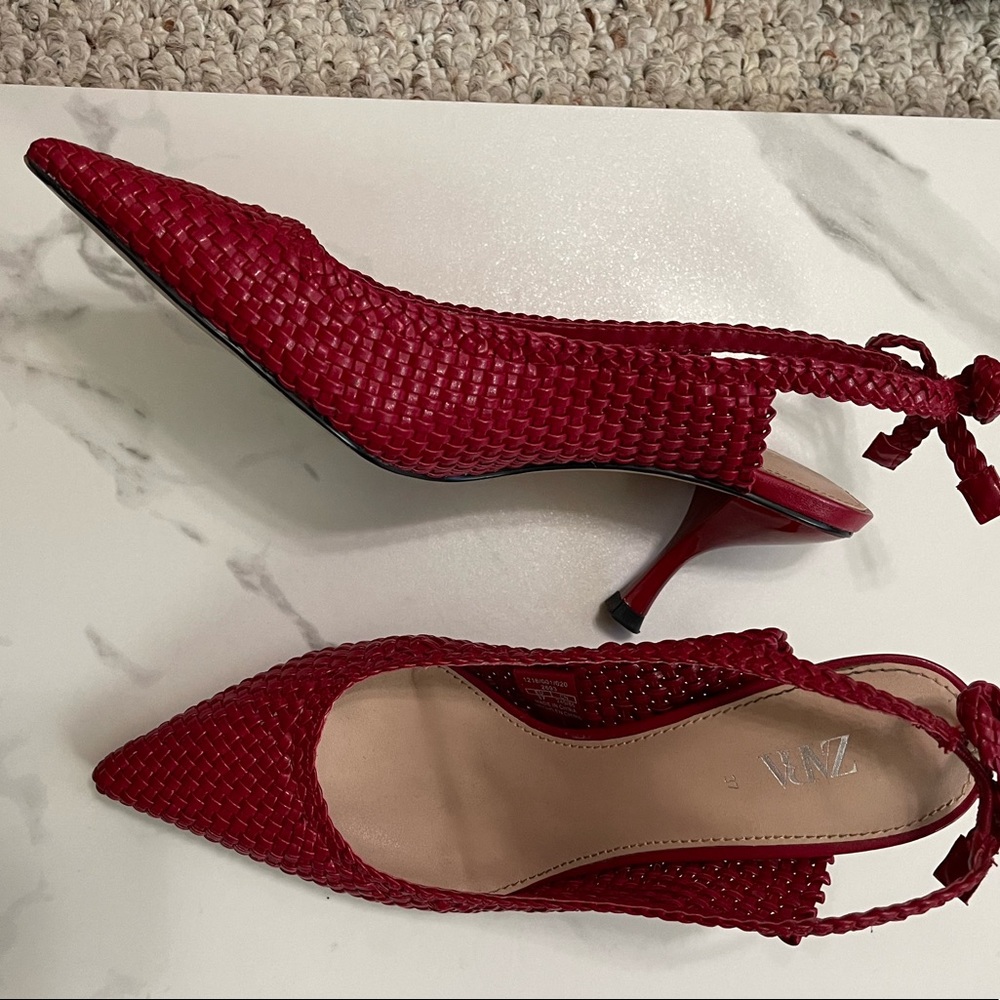 Zara Red Basket Weave Sling Back Kitten Heels